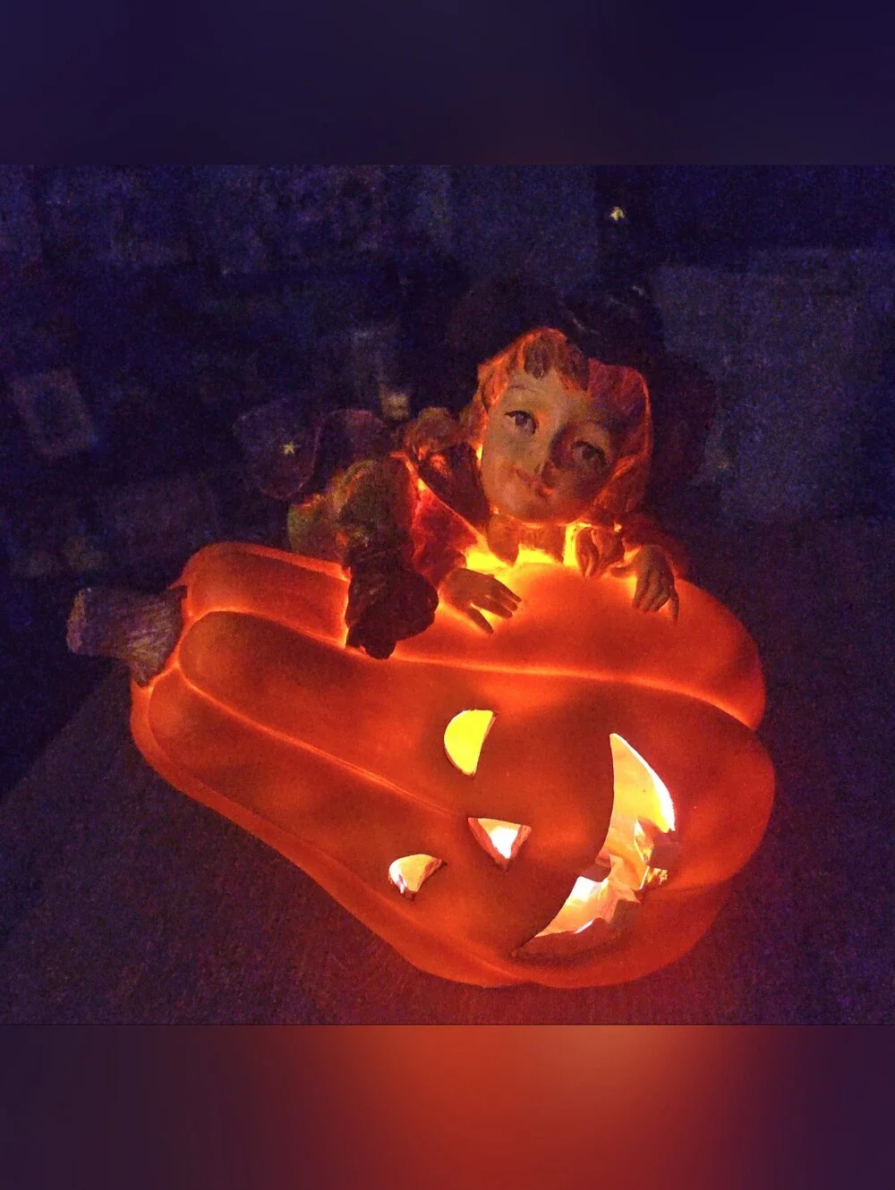 Vintage Halloween Light Up (Little Girl as a Witch on a Pumpkin) Figure 9 x 9